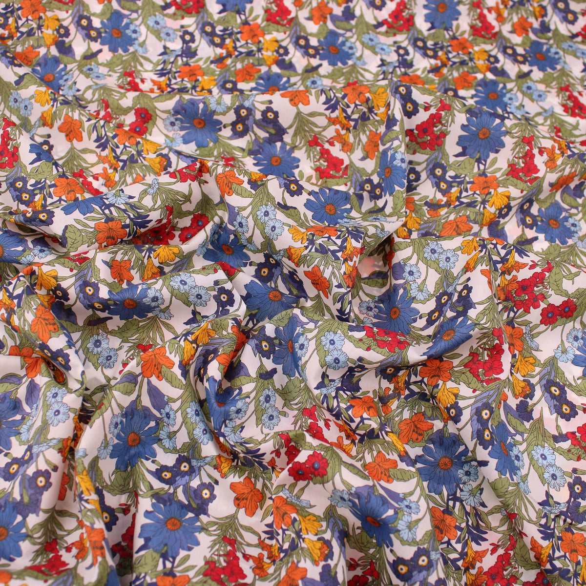 Bright Floral Garden Pima Cotton Lawn Print Pattern Dressmaking Flowers Fabric Soft Material Women Blue