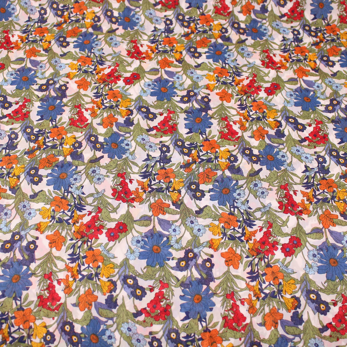 Bright Floral Garden Pima Cotton Lawn Print Pattern Dressmaking Flowers Fabric Soft Material Women Blue