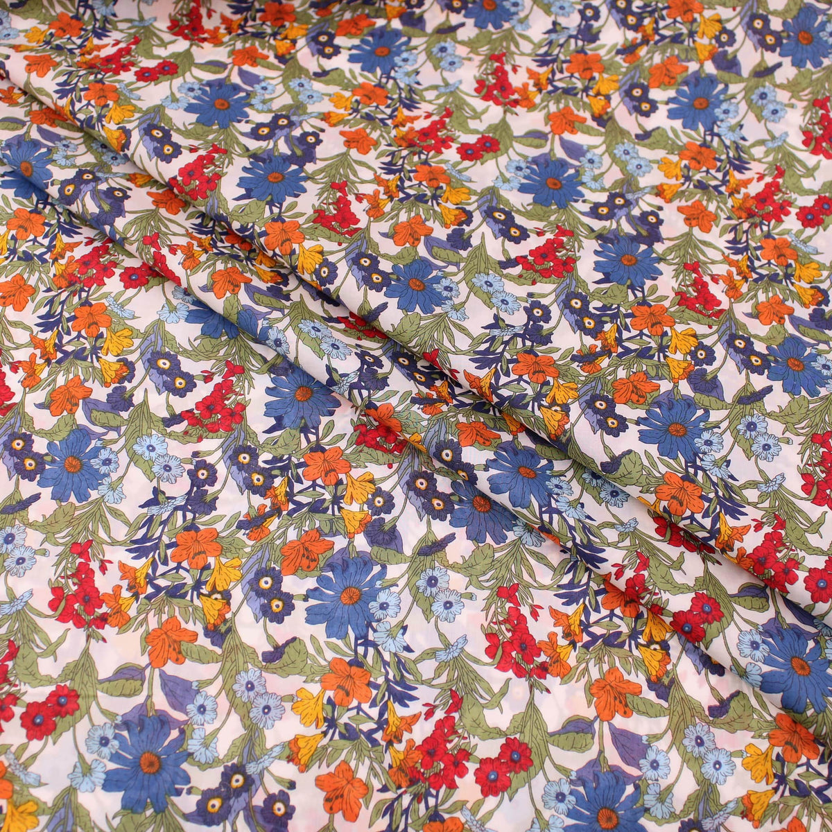 Bright Floral Garden Pima Cotton Lawn Print Pattern Dressmaking Flowers Fabric Soft Material Women Blue
