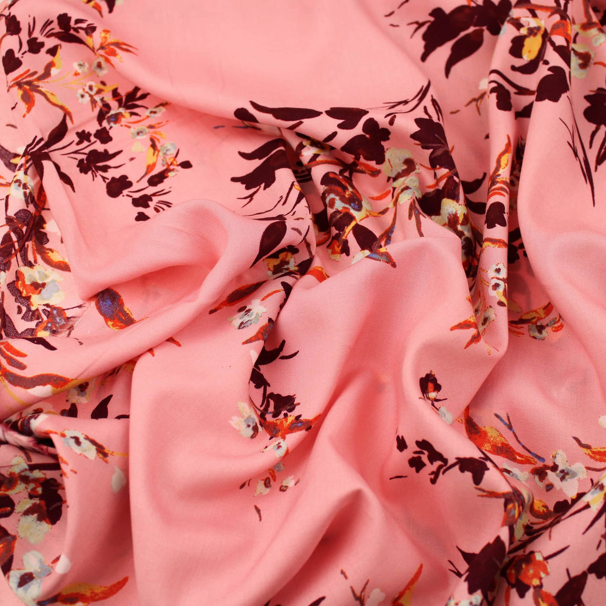 Burgundy Florals on Pink Viscose Rayon Print Pattern Dressmaking Flowers Fabric Soft Material Pink
