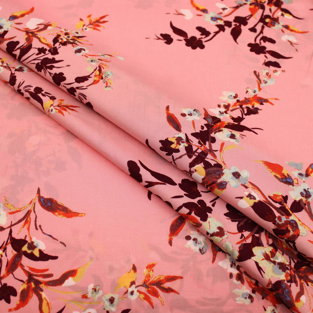 Burgundy Florals on Pink Viscose Rayon Print Pattern Dressmaking Flowers Fabric Soft Material Pink
