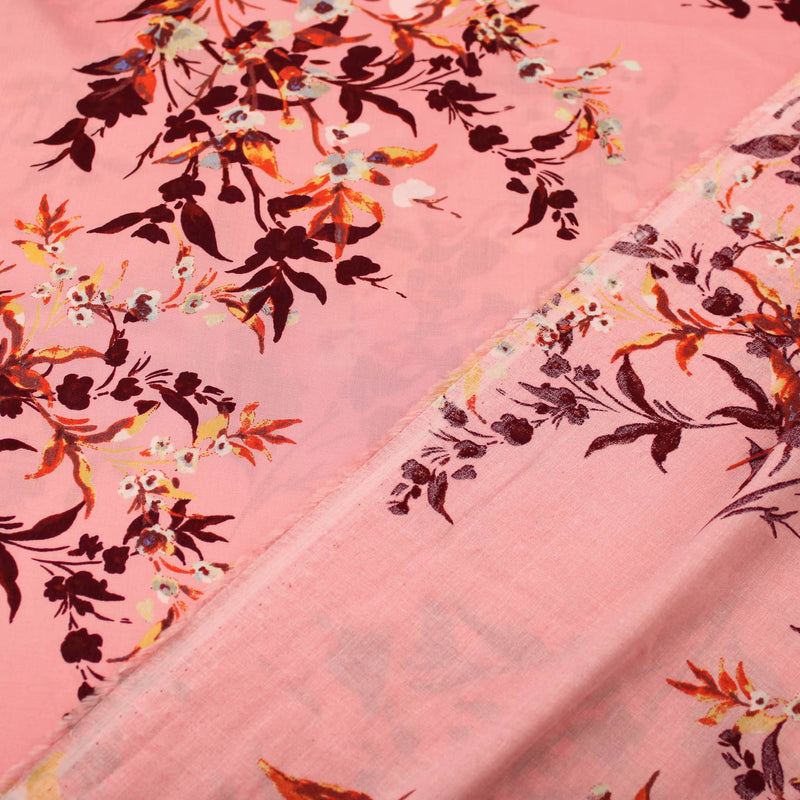 Burgundy Florals on Pink Viscose Rayon Print Pattern Dressmaking Flowers Fabric Soft Material Pink