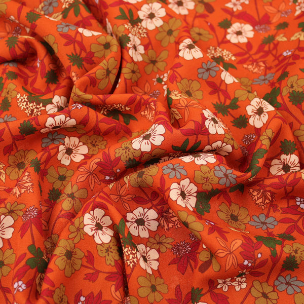 Burnt Orange Pretty Flowers Polyester woven summer spring floral women dressmaking fabric material lightweight Burnt Orange