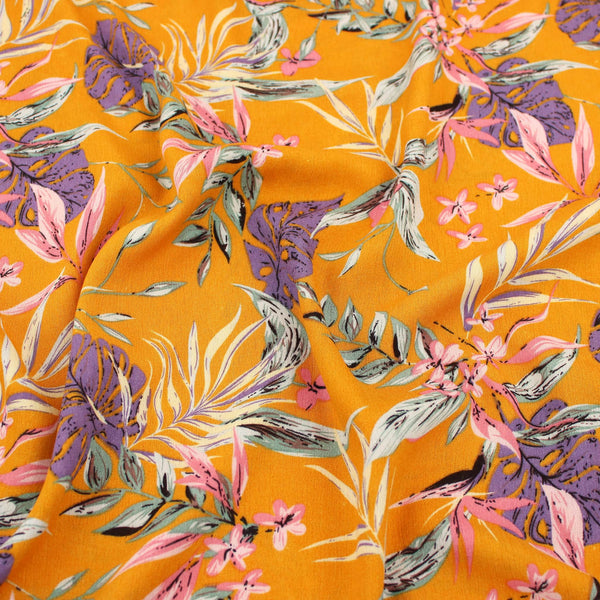 Celeste Florals on Viscose Crepe Pattern Dressmaking Fabric Rayon Soft Silky Material Lawn Women Ladies Flowers Pretty Textured Crinkle Mustard