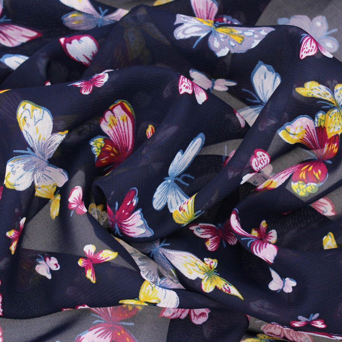 lightweight chiffon butterfles print dressmaking fabric Navy