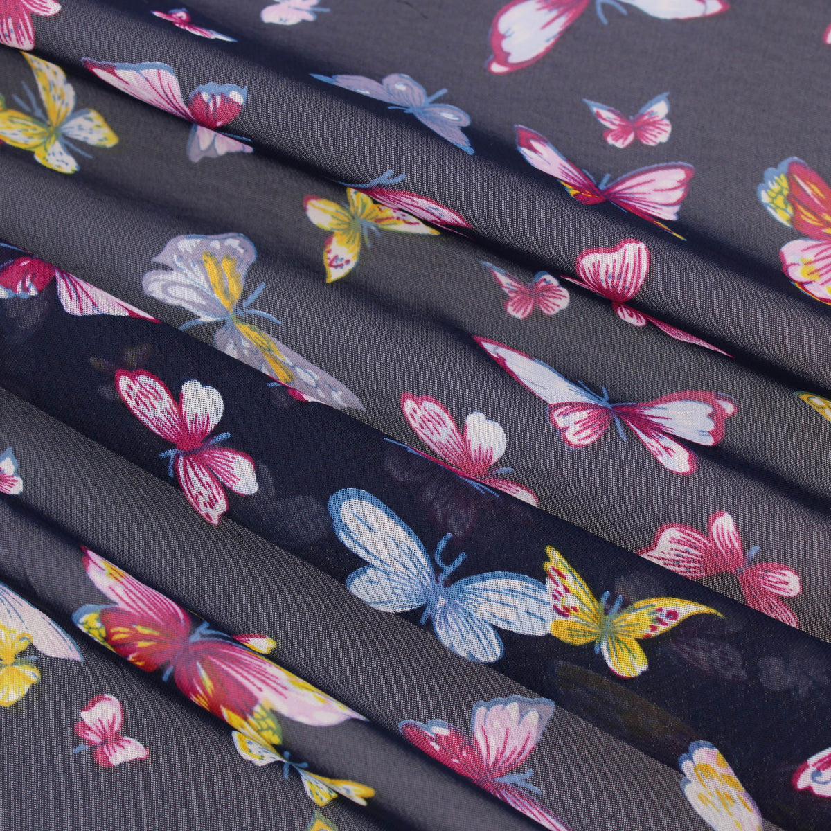 lightweight chiffon butterfles print dressmaking fabric Navy