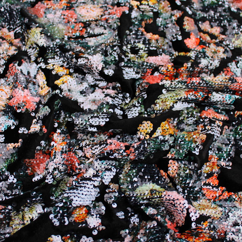 sparkling floral sequins on black velvet dressmaking women craft fabric Orange
