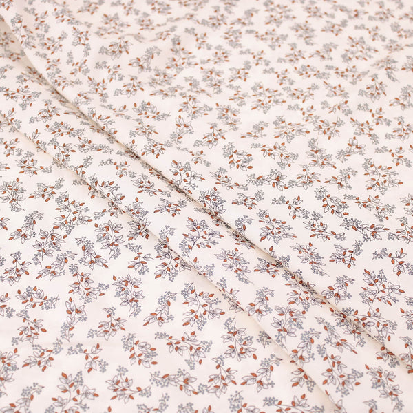 Cream and Orange Dainty Leaf Stems Viscose Rayon Print Pattern Dressmaking Flowers Fabric Soft Material Cream
