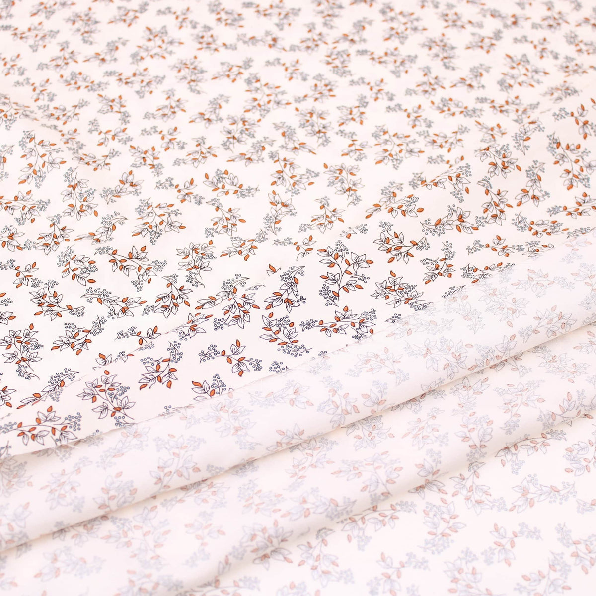 Cream and Orange Dainty Leaf Stems Viscose Rayon Print Pattern Dressmaking Flowers Fabric Soft Material Cream