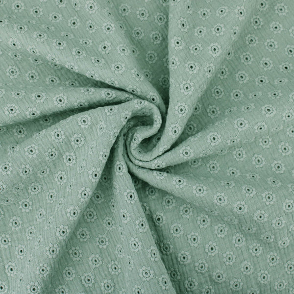 daisy emboidered organic cotton dressmaking fabric Large Sage