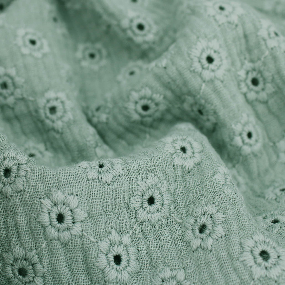 daisy emboidered organic cotton dressmaking fabric Large Sage