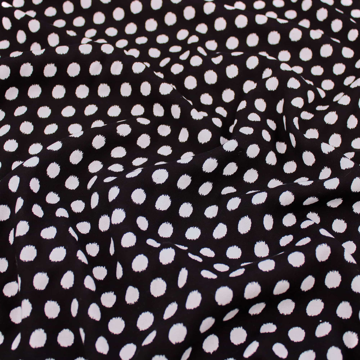 Eden Viscose Challis White Dots on Black Pattern Dressmaking Fabric Rayon Soft Silky Material Women Lawn Spots Polka Chally Black