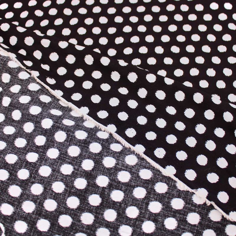 Eden Viscose Challis White Dots on Black Pattern Dressmaking Fabric Rayon Soft Silky Material Women Lawn Spots Polka Chally Black