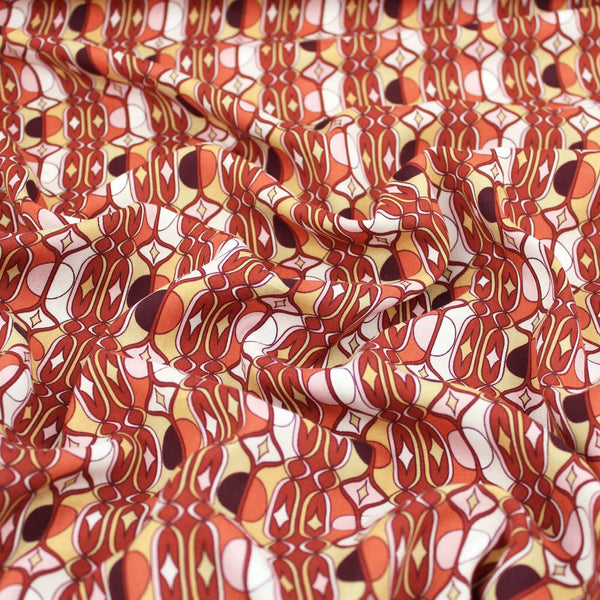 Eden Viscose Challis Graphic Shapes on Terracotta Pattern Dressmaking Fabric Rayon Soft Silky Material Women Lawn Abstract Reto 70s Chally Terracotta