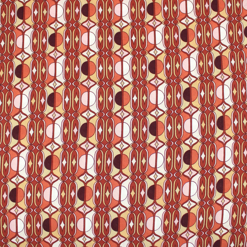 Eden Viscose Challis Graphic Shapes on Terracotta Pattern Dressmaking Fabric Rayon Soft Silky Material Women Lawn Abstract Reto 70s Chally Terracotta