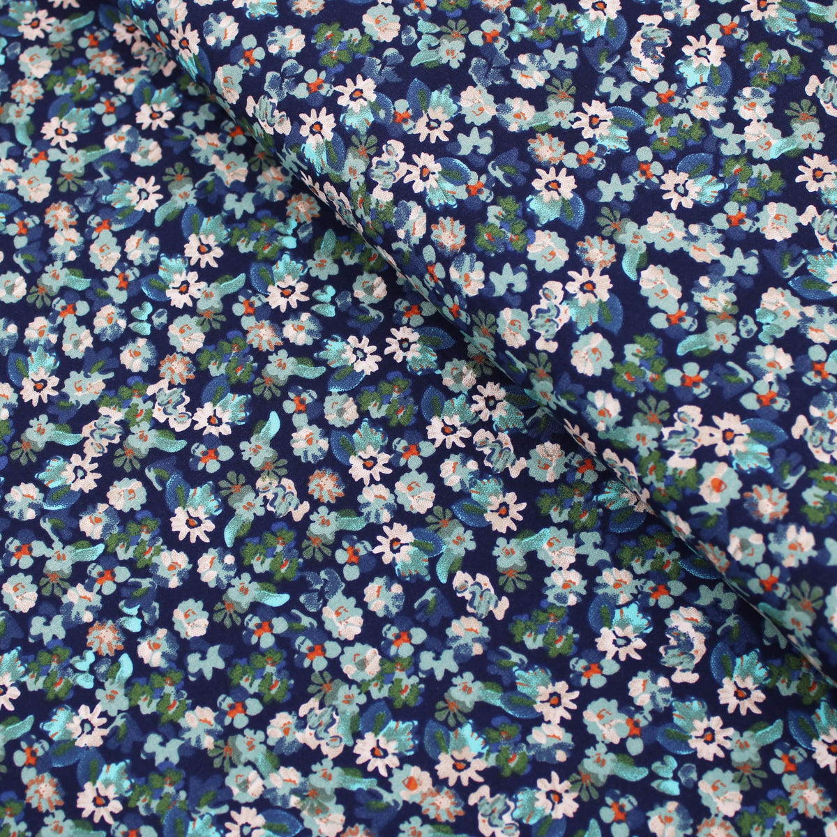 Floral Turquoise Ocean Viscose Challis Dressmaking Fabric material soft woven drape pattern flowers rayon women abstract Lagoon Blue