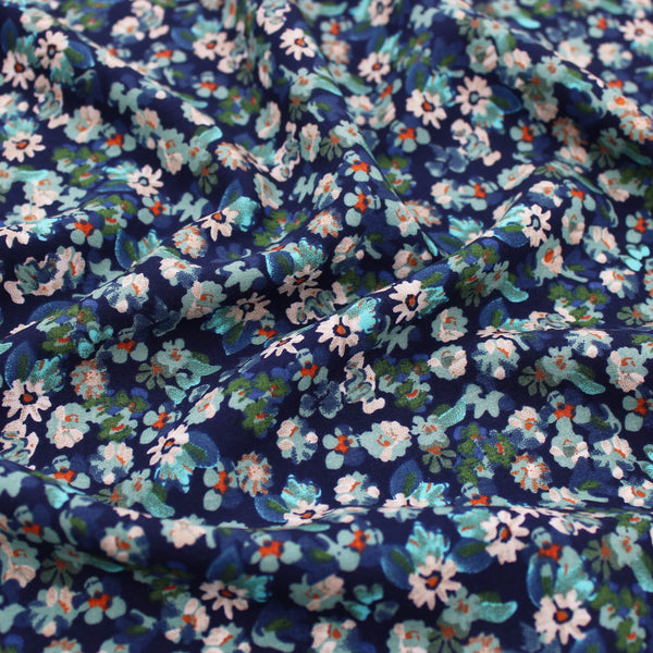 Floral Turquoise Ocean Viscose Challis Dressmaking Fabric material soft woven drape pattern flowers rayon women abstract Lagoon Blue