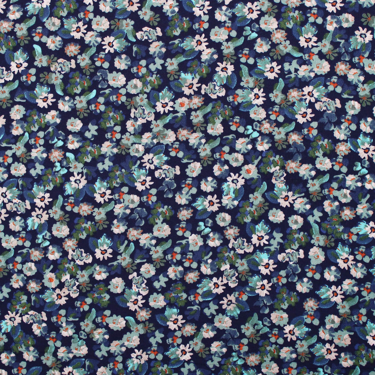 Floral Turquoise Ocean Viscose Challis Dressmaking Fabric material soft woven drape pattern flowers rayon women abstract Lagoon Blue