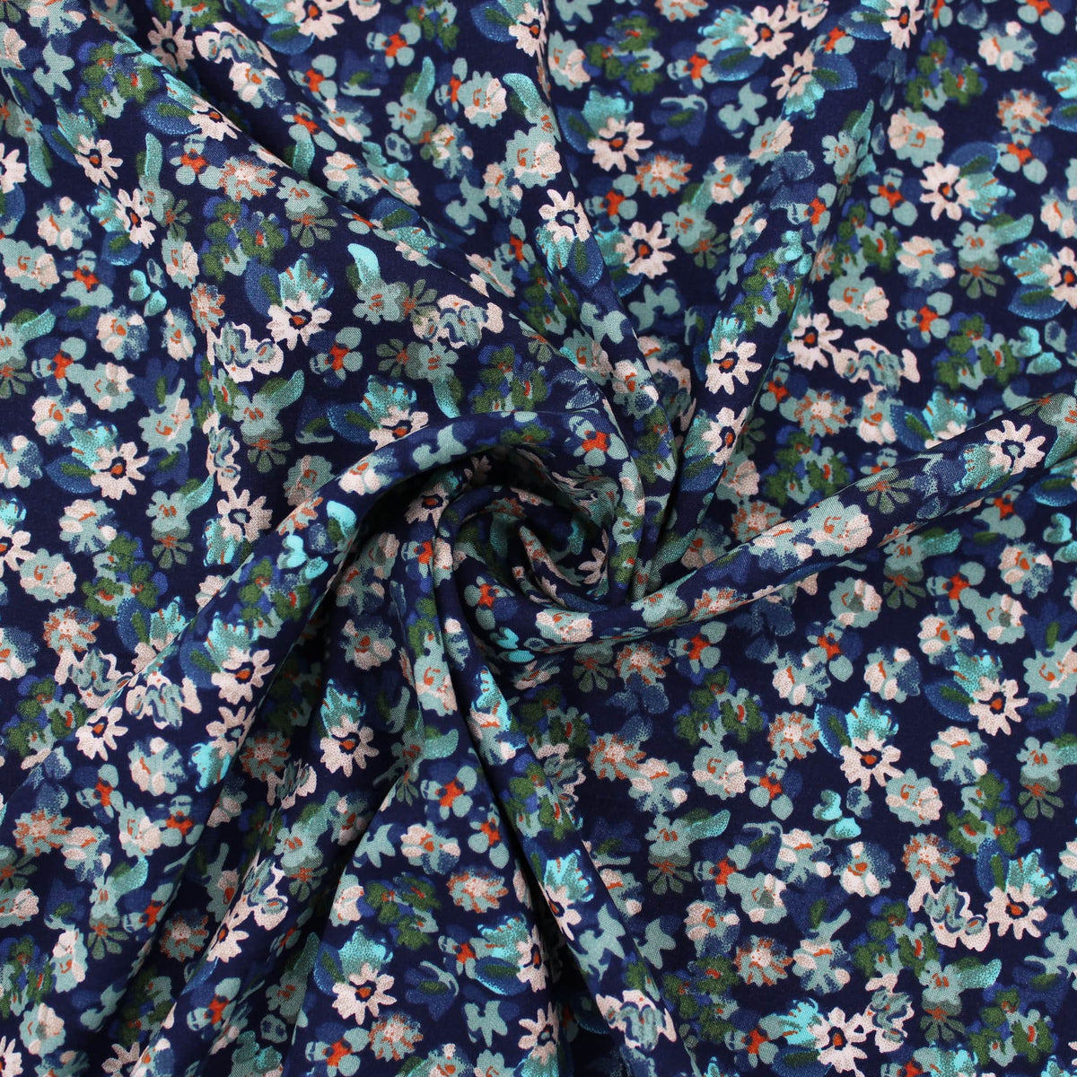 Floral Turquoise Ocean Viscose Challis Dressmaking Fabric material soft woven drape pattern flowers rayon women abstract Lagoon Blue
