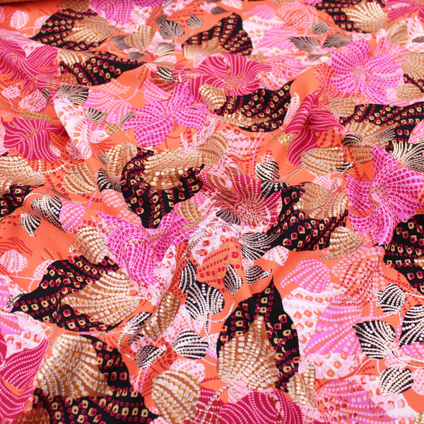 Foil Leaves Viscose Challis in Coral Pattern Dressmaking Fabric Rayon Soft Silky Women Retro Graphic Shapes Floral Chally Abstract Coral