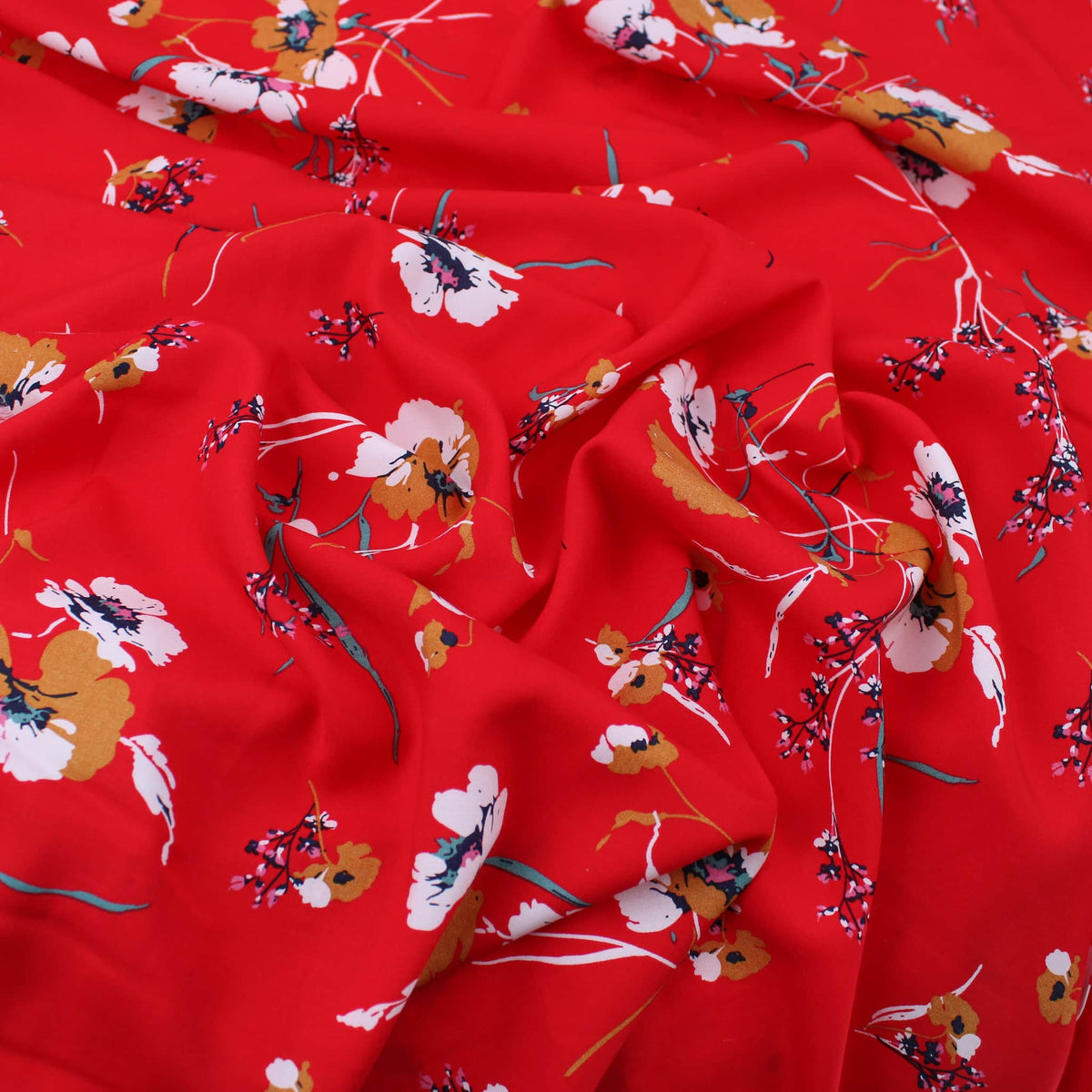 Grace Thin Stem Florals Viscose Rayon Print Pattern Dressmaking Flowers Fabric Soft Material Bright Red