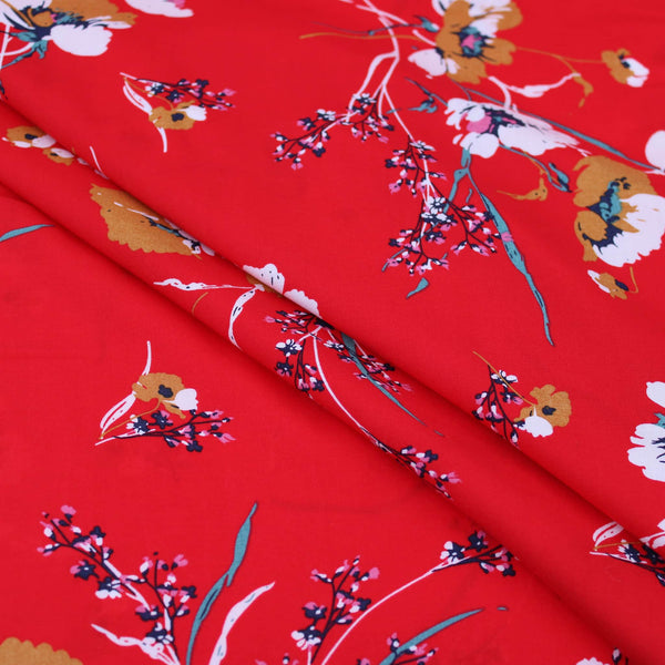 Grace Thin Stem Florals Viscose Rayon Print Pattern Dressmaking Flowers Fabric Soft Material Bright Red
