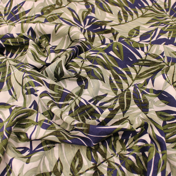 Green Palm Leaves Viscose Challis Rayon Print Pattern Dressmaking Floral Leaf Flowers Fabric Soft Material Green