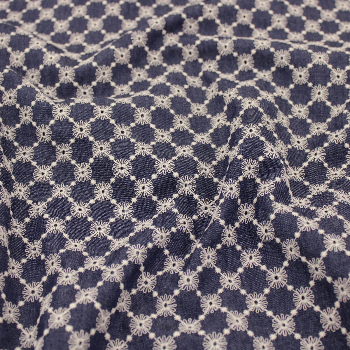 Jeans Cotton Denim Chambray Embroidery Dressmaking childrenswear Skirts Women Dressmaking Fabric Material Strong Indigo Colour Non stretch broderie anglaise Indigo Emily
