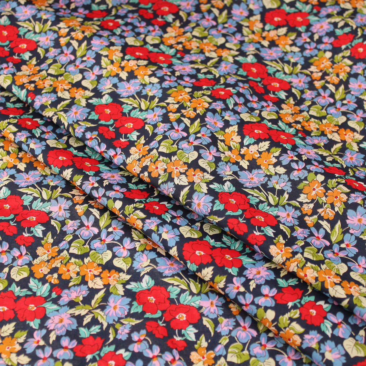 Kingfisher Eden Garden Flowers Cotton Lawn - Navy