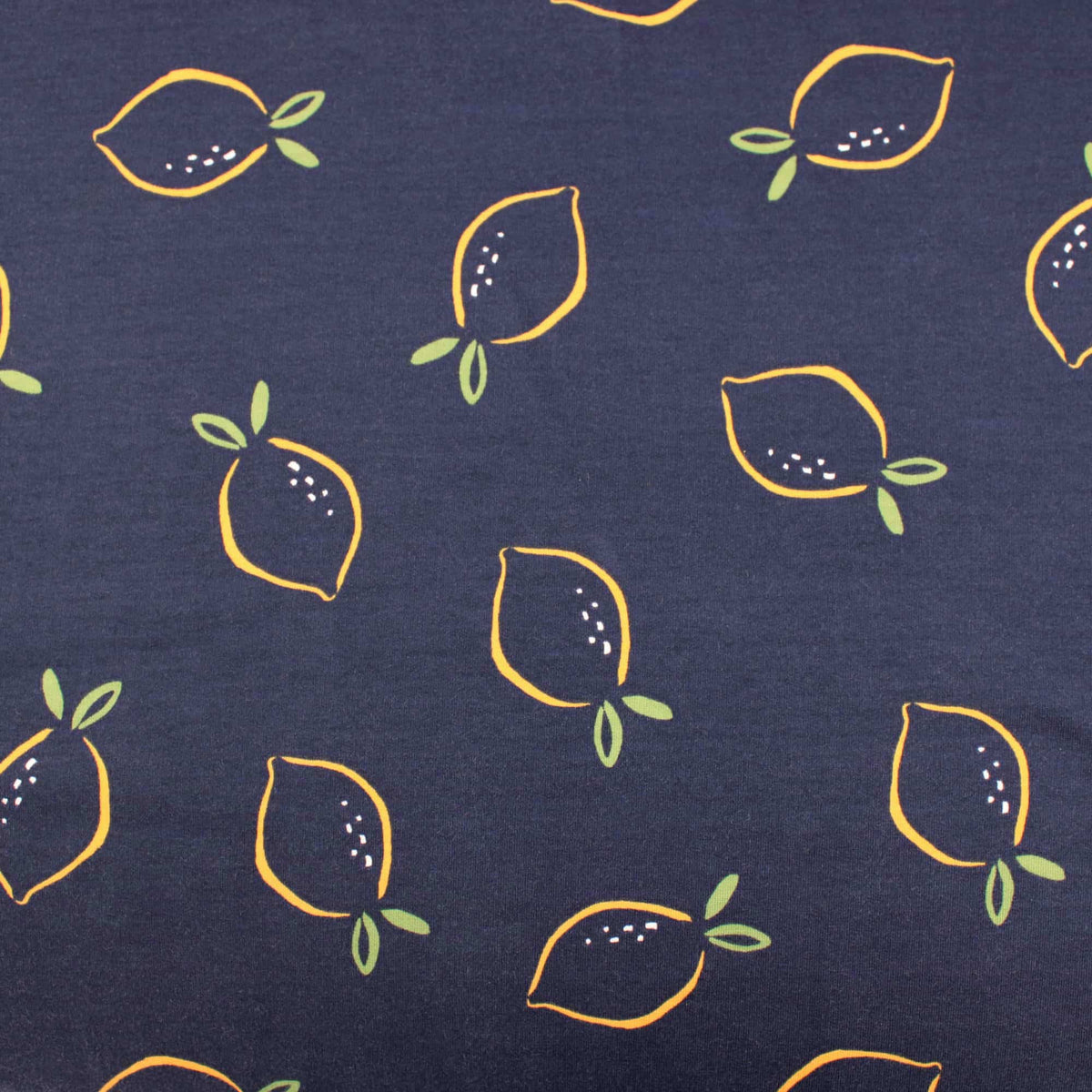 Lemons on Navy French Terry OEKO-TEX Fabric Jersey Kids Dressmaking Stretch Fruit Pattern Material Navy