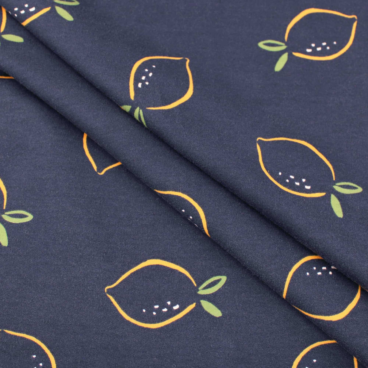 Lemons on Navy French Terry OEKO-TEX Fabric Jersey Kids Dressmaking Stretch Fruit Pattern Material Navy