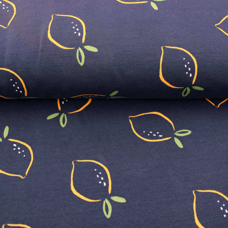 Lemons on Navy French Terry OEKO-TEX Fabric Jersey Kids Dressmaking Stretch Fruit Pattern Material Navy
