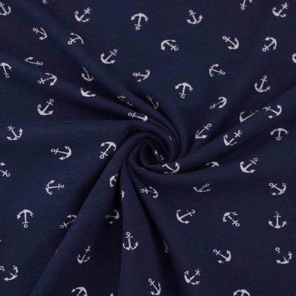 Nautical Small Anchor Cotton Jersey Print Dressmaking Fabric Material Kids OEKO TEX Jersey Stretch spandex Pyjamas women Knit soft kids childrenswear boys sea ocean boat  Navy