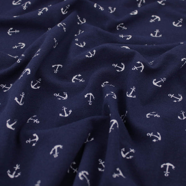 Nautical Small Anchor Cotton Jersey Print Dressmaking Fabric Material Kids OEKO TEX Jersey Stretch spandex Pyjamas women Knit soft kids childrenswear boys sea ocean boat  Navy