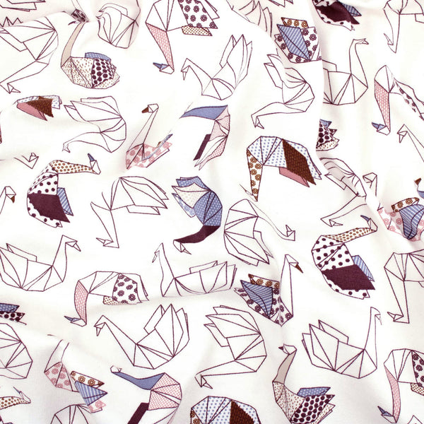 Origami Swan Cotton Jersey Pattern Dressmaking Women Kids Stretch Fabric OEKO-TEX Soft Knit Graphic Neutral  Ivory