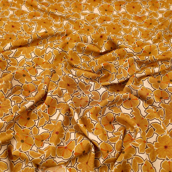Outlined Ochre Flower Power Viscose Rayon Print Pattern Dressmaking Flowers Fabric Soft Material Ochre
