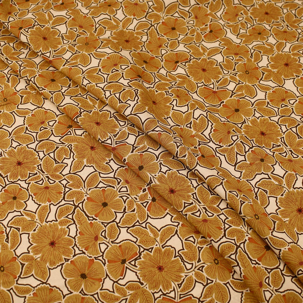 Outlined Ochre Flower Power Viscose Rayon Print Pattern Dressmaking Flowers Fabric Soft Material Ochre
