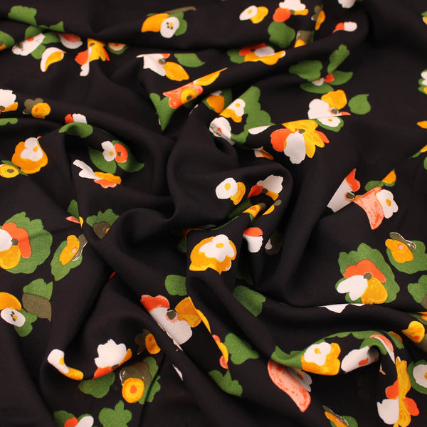 Painted Floral Garden Viscose Challis Rayon Print Pattern Dressmaking Flowers Fabric Soft Material Black