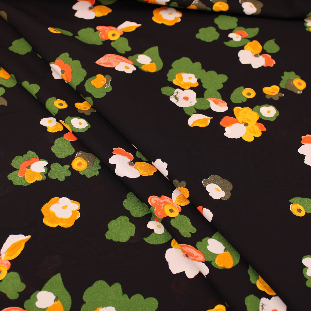 Painted Floral Garden Viscose Challis Rayon Print Pattern Dressmaking Flowers Fabric Soft Material Black