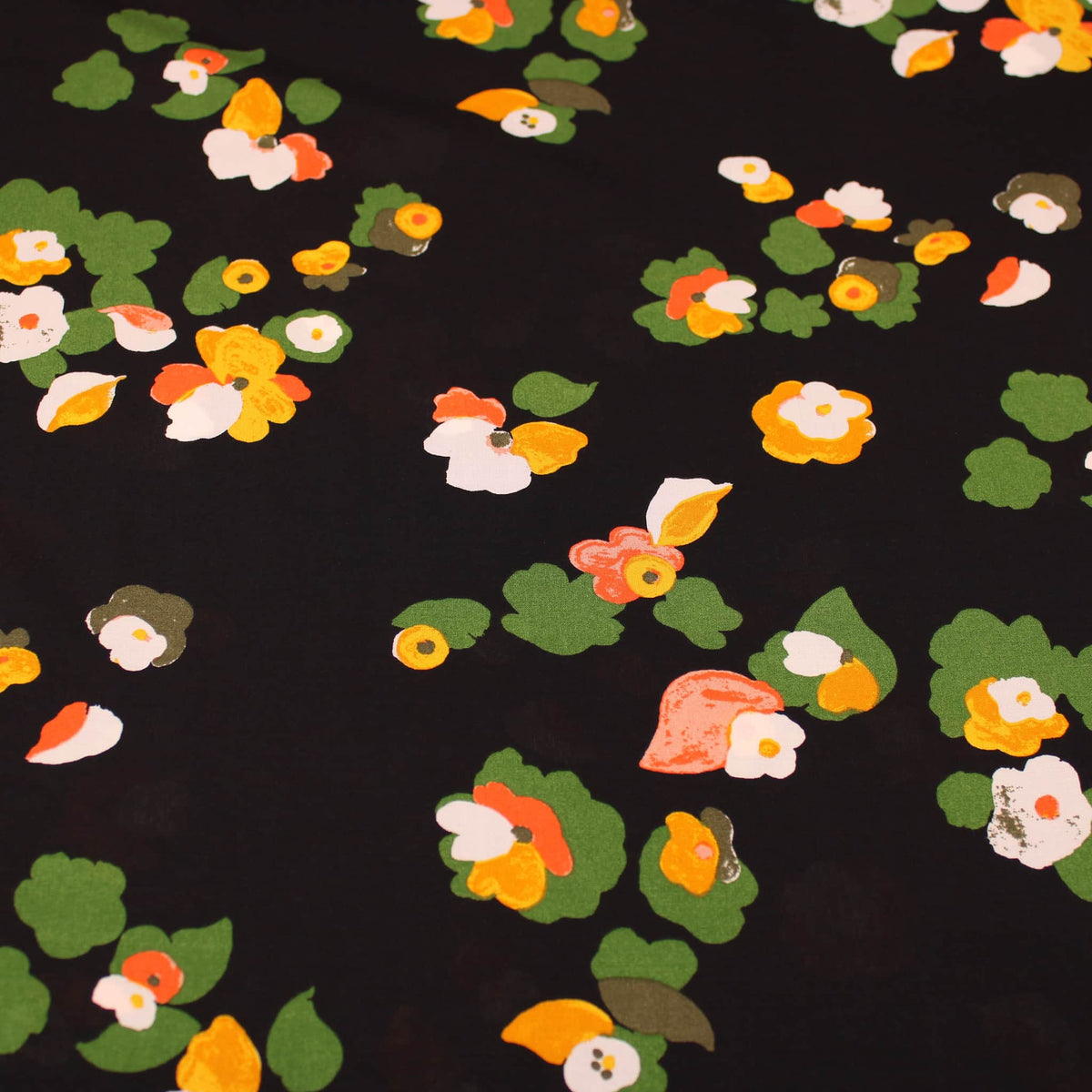 Painted Floral Garden Viscose Challis Rayon Print Pattern Dressmaking Flowers Fabric Soft Material Black
