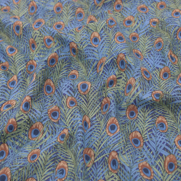 Peacock Feathers Pima Cotton Lawn pattern silky english quilting dressmaking soft woven drape lightweight silky fabric material woven pretty print Blue and Green