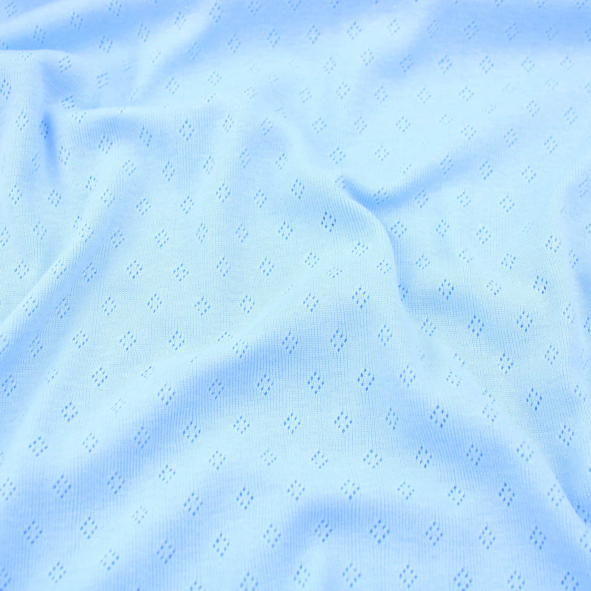 Pointelle Diamond Cotton Jersey Cardigan jumper lightweight cutout fabric material stretch oeko text openwork fine dressmaking blanket baby childrenswear women OEKO TEX Light Blue