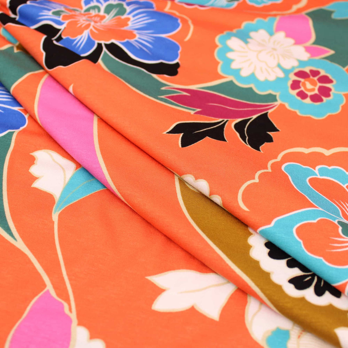 Retro 70s Viscose Jersey Flowers Pattern Dressmaking Fabric Knit Soft Women Rayon Lawn Spandex Floral Waves Swirl Paisley Zig Zag Stretch Peach