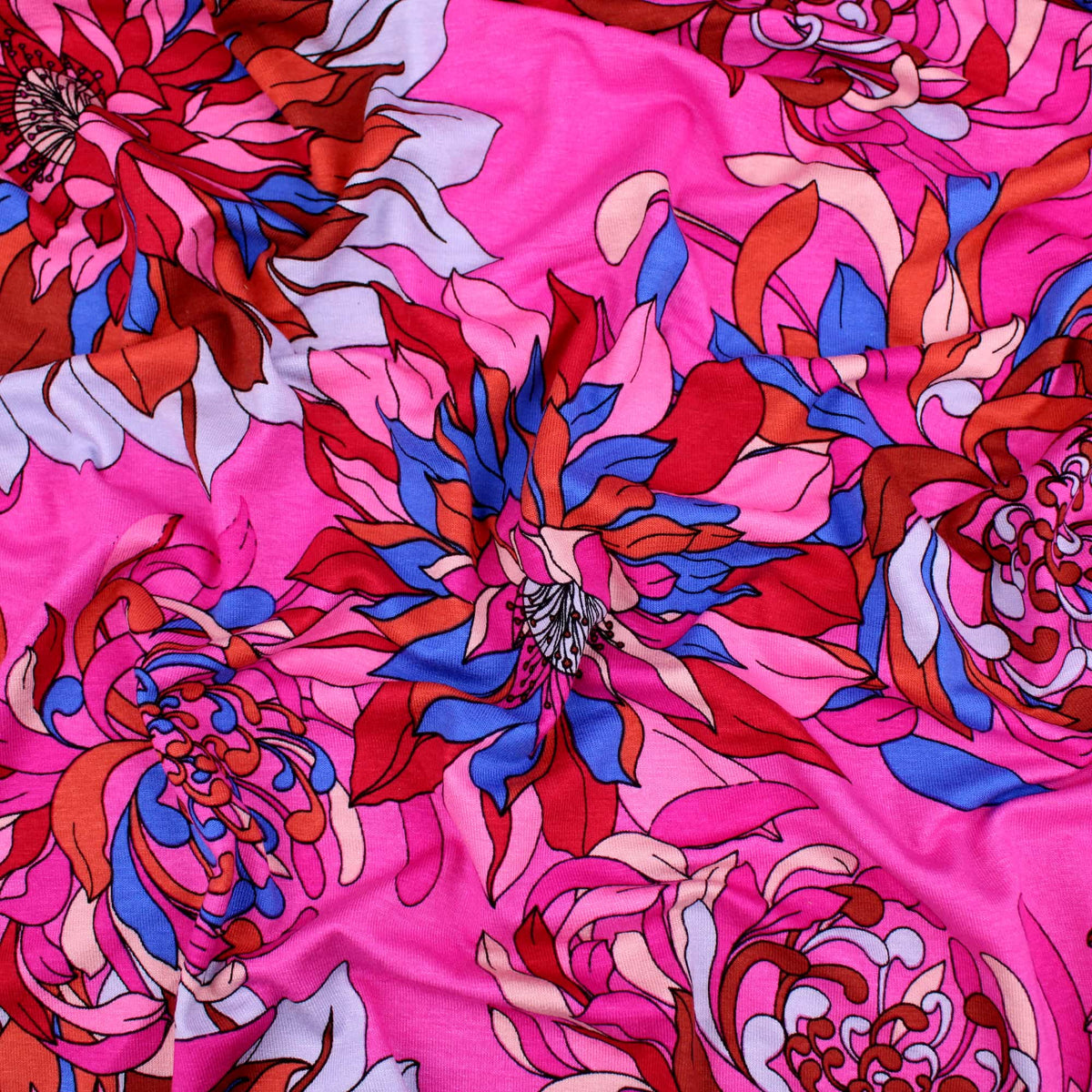 Retro 70s Viscose Jersey Bold Flowers Pattern Dressmaking Fabric Knit Soft Women Rayon Lawn Spandex Floral Waves Via Magenta Stretch Pink Fucshia