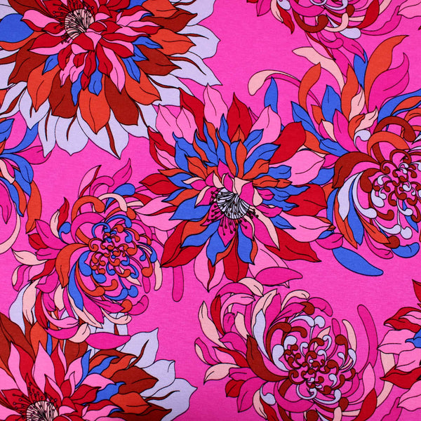 Retro 70s Viscose Jersey Bold Flowers Pattern Dressmaking Fabric Knit Soft Women Rayon Lawn Spandex Floral Waves Via Magenta Stretch Pink Fucshia