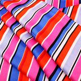Retro Poly Satin Striped Fuchsia Pattern Dressmaking Fabric Silky Soft Material Sateen Women 70s Stripe Lines Pink Blue Sheen  Fuchsia