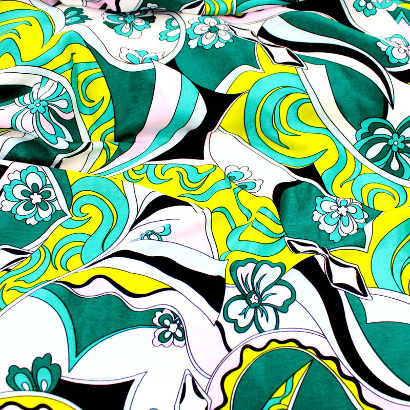 Retro Poly Satin Flowers in Green Pattern Dressmaking Fabric Silky Soft Material Sateen Women 70s Floral Green Sheen  Green