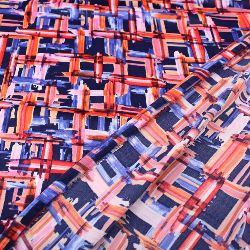 Retro Poly Satin Squares Pattern Dressmaking Fabric Silky Soft Material Sateen Women 70s Geometric Shapes Sheen  Navy