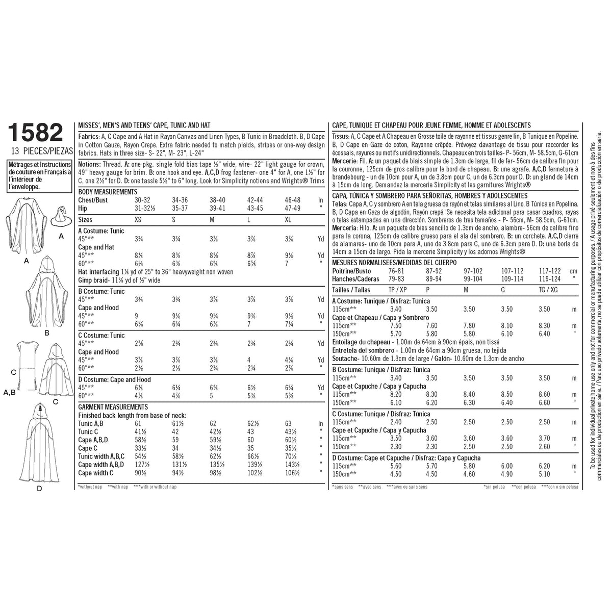 Simplicity Women's, Men and Teen Costumes Sewing Pattern S1582