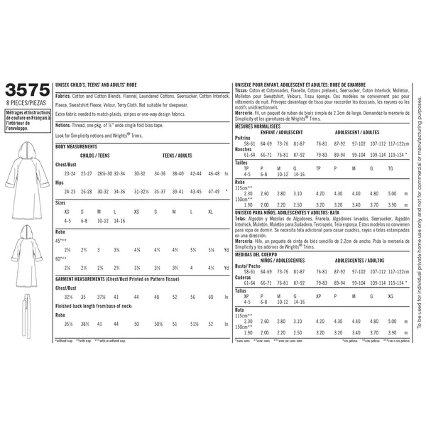 Simplicity Women's/Men/Child Sleepwear Sewing Pattern S3575